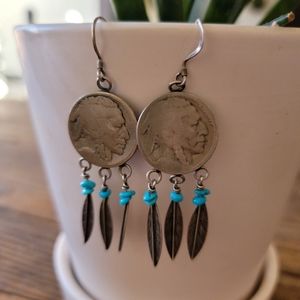 Gorgeous Vintage Buffalo Nickel Earrings with Feather & Turquoise Detail